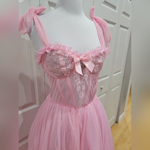 ~SOLD~Dolls Kill Widow Dance With Death Sleeveless Maxi Pink Tulle Lace Dress XS - Picture 3 of 10